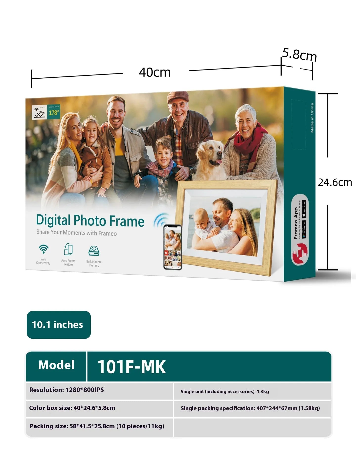 10.1 Inch WiFi Digital Photo Frame IPS Touch Screen