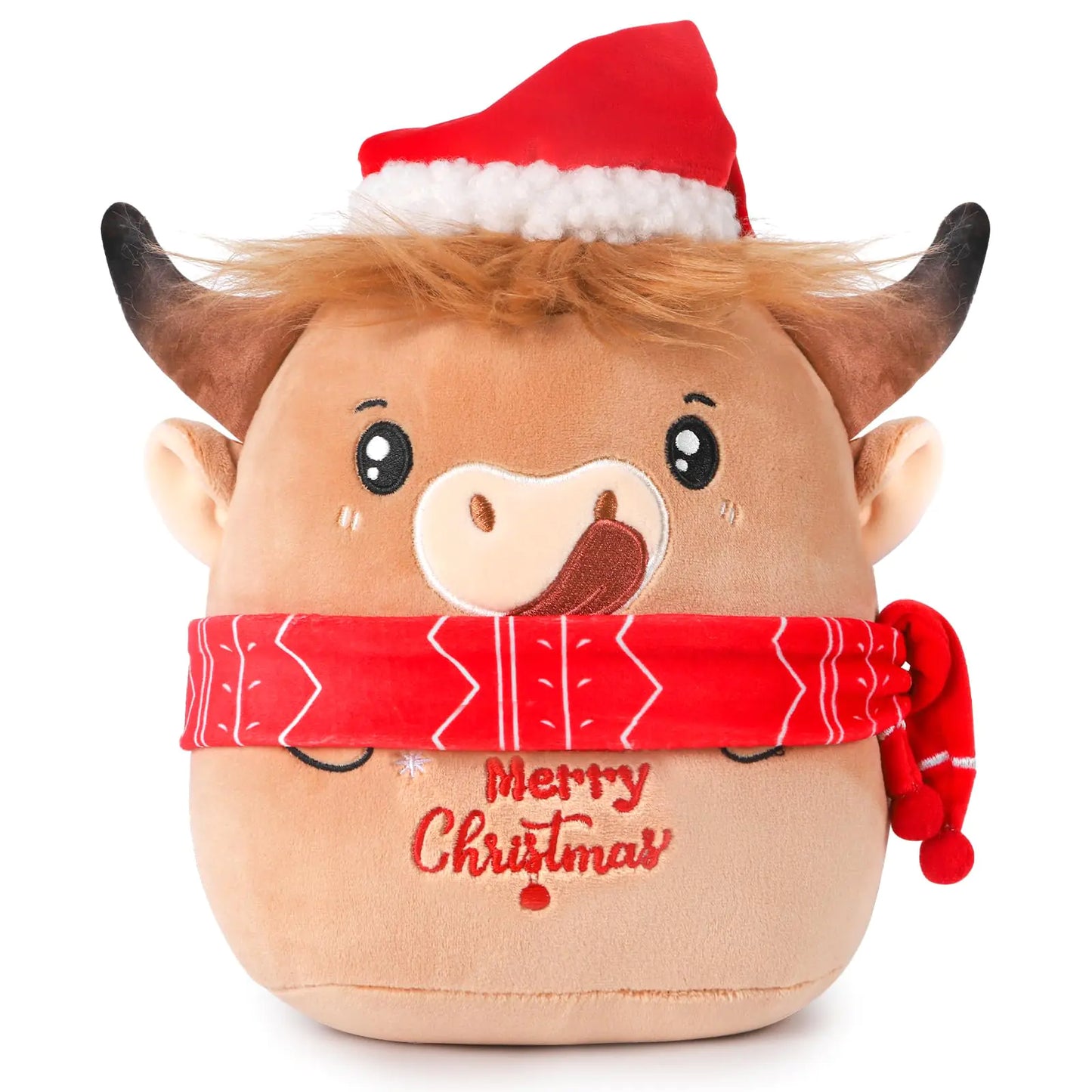 InIsaJace Christmas Highland Cow Plush - 10 Inches Cute Christmas Stuffed Animals Merry Christmas Highland Cow Stuffed Animals with Santa Hat Christmas Party Plushies Gifts for Kids Xmas Stuffed Plush
